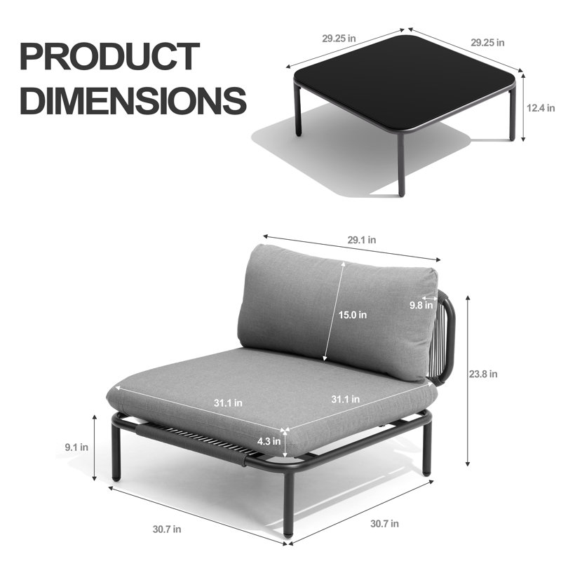 Canapé modulaire d'extérieur en métal pour 4 personnes avec table, Coussin gris / cadre noir