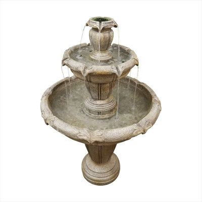 Fontaine d'extérieur à plancher à deux niveaux en béton de ton brun, 48 pieds de hauteur, débit d'eau apaisant pour jardin ou patio