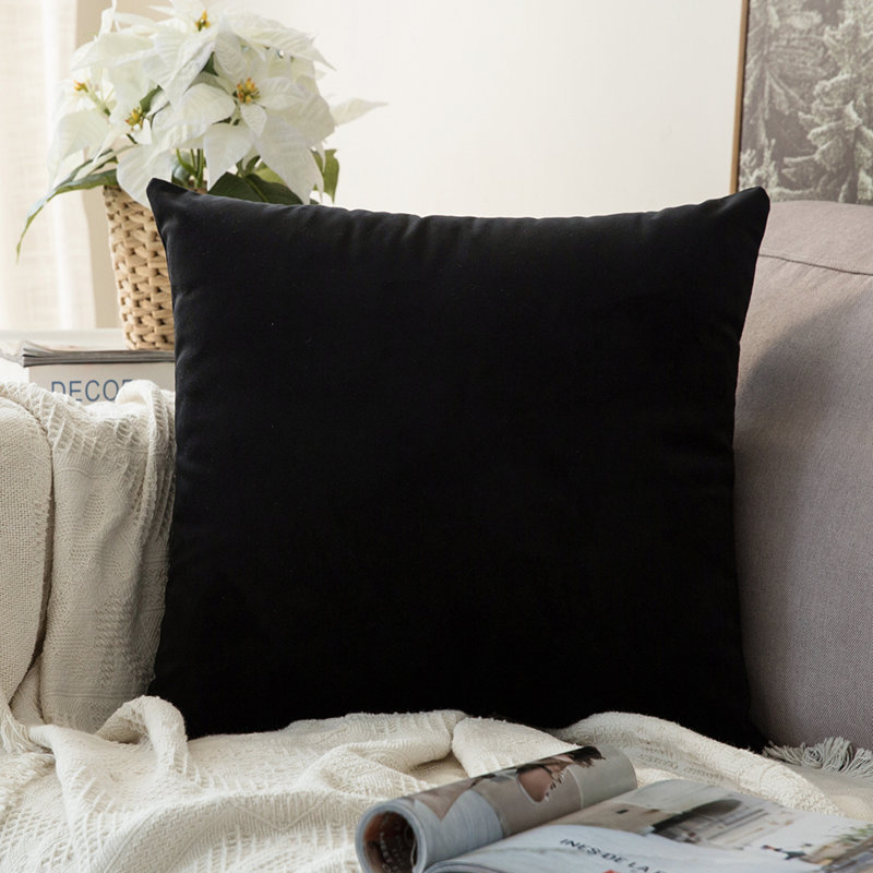 Square Velvet Pillow Cover and Insert, 22" x 22", Polyester, Black