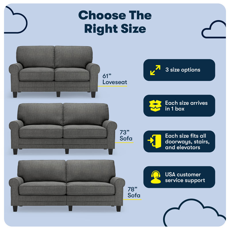Serta Copenhagen 61" Rolled Arm Sofa, Easy Care Fabric, Soft Pillow Back, Pocket Coil Seat Cushions