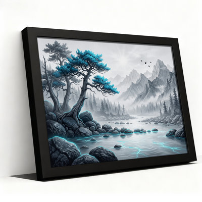 Tableau sur toile représentant un paysage de montagne brumeux avec un pin bleu