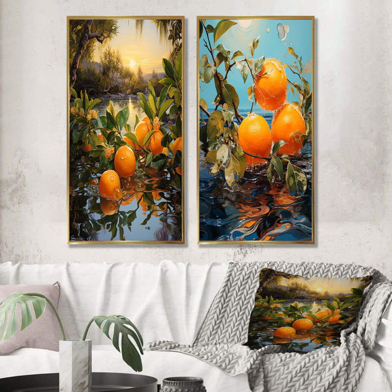 «Sunset Sienna Tangerine Twilight», ensemble de 2 reproductions d'art sur toile, Encadrement doré, H 40 po x l 41 po