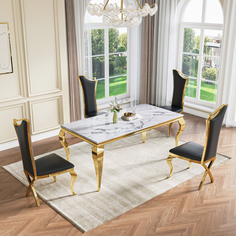 Luxurious Faux Marble Dining Table,70"Luxury Dining Room Table With Curved Cabriole Stainless Steel Legs For Home Office