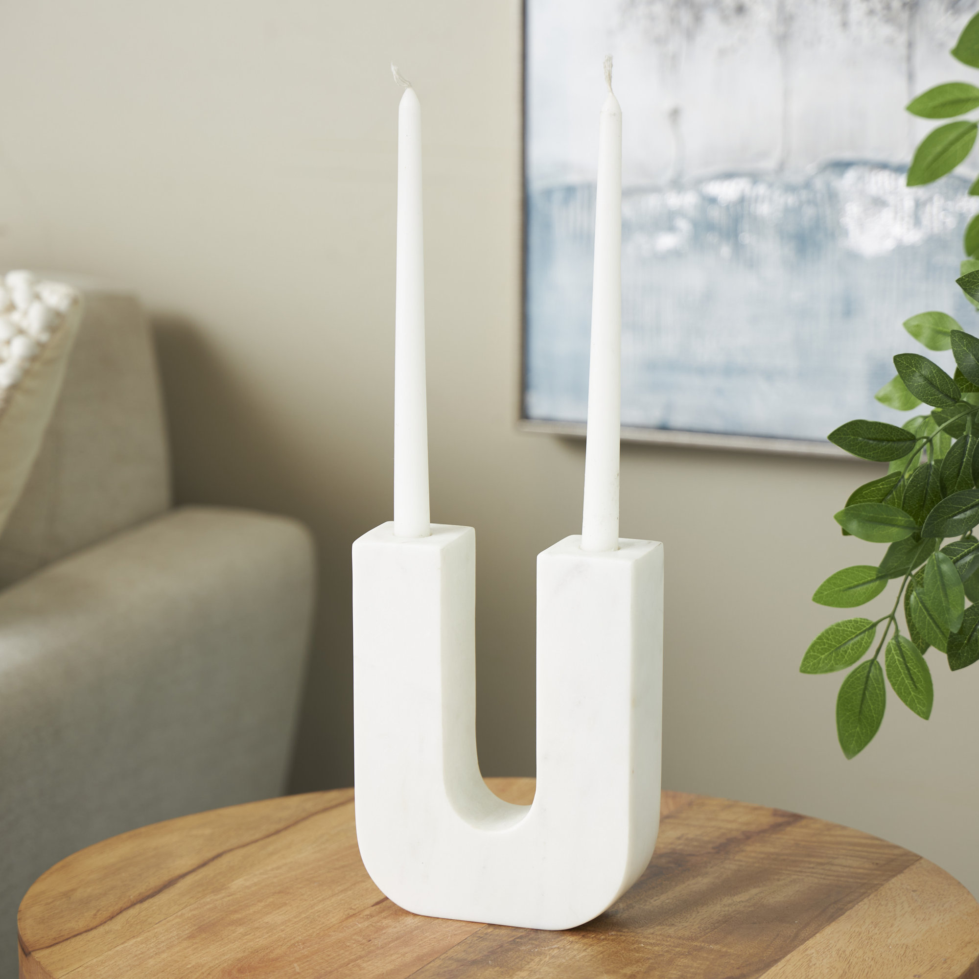 Cole And Grey Marble U-Shaped Abstract Candle Holder, Matte White, 8" H x 6.10" W x 2.10" D