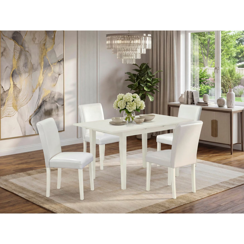 Ensemble de table de salle à manger 5 pièces moderne comprenant une table rectangulaire en bois avec feuille papillon et 4 chaises rembourrées en similicuir blanc, lin blanc