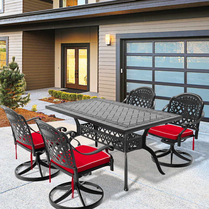 5 repas en plein air - 4 chaises pivotantes et une table rectangulaire noire avec un style enchanteur en fonte d'aluminium polyvalente