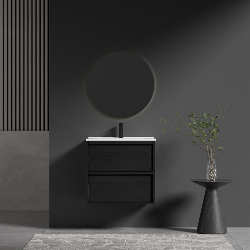 Mid-Century Modern Wall-Mounted Vanity With Soft-Close Drawers & Ceramic Sink, 24"