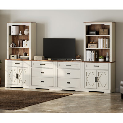 Très grand centre de divertissement avec de grandes bibliothèques de rangement, un meuble télé 4 en 1 avec 6 tiroirs et des armoires à portes de grange, une console multimédia pour les téléviseurs de 70 po ou moins, pour le salon, la chambre à coucher