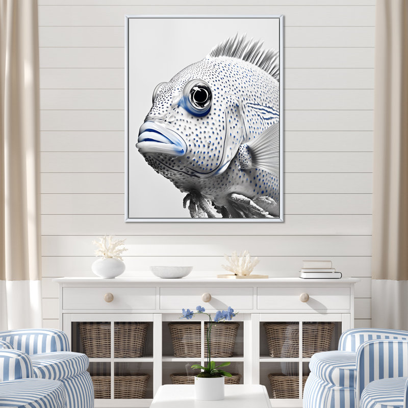 Joli portrait de poisson blanc et bleu sur toile, Cadre flottant blanc, H 32 po x l 24 po x P 1 po