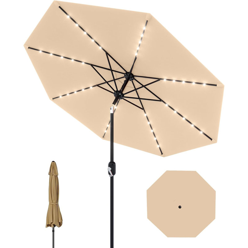 Parasol de patio 10 pi avec lumières solaires, grand parasol de table d'extérieur, Brun
