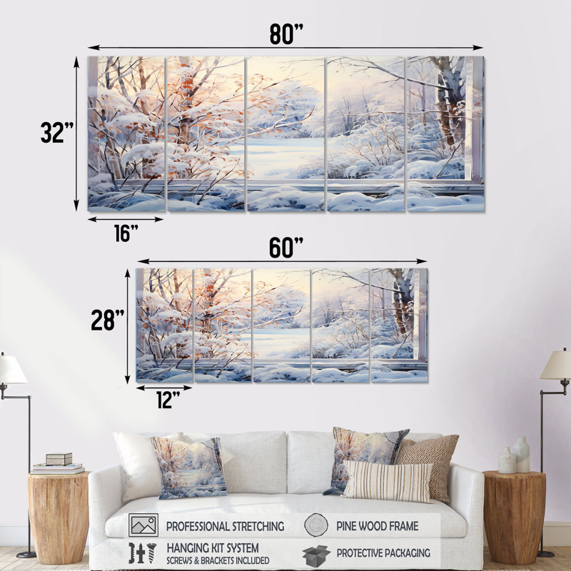 Winter River Window View III - Winter Landscape, ensemble d'art mural 5 pièces, H 28 po x l 60 po