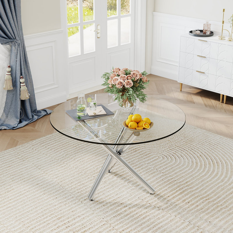 Table de salle à manger ronde moderne Kaizlyn pour 4 à 6 personnes, plateau en verre trempé transparent, piètement en croix en métal, table de cuisine ronde pour salle à manger, table circulaire idéale pour les petits espaces