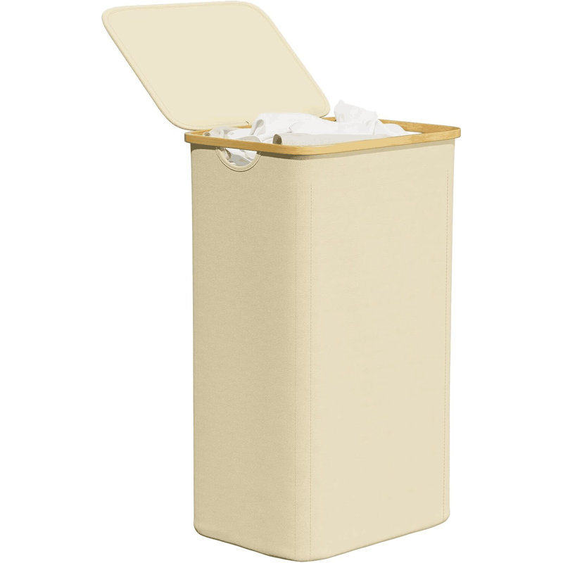 Beige Collapsible Upright Laundry Hamper with Bamboo Handles and Lid