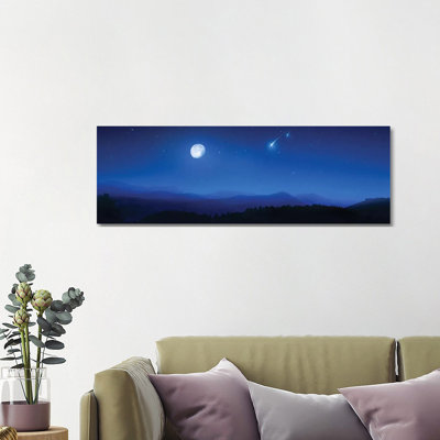 Mountain Range On A Misty Night With Moon And Starry Sky. by Evgeny Kuklev - Wrapped Canvas Panoramic Gallery-Wrapped Canvas Giclée