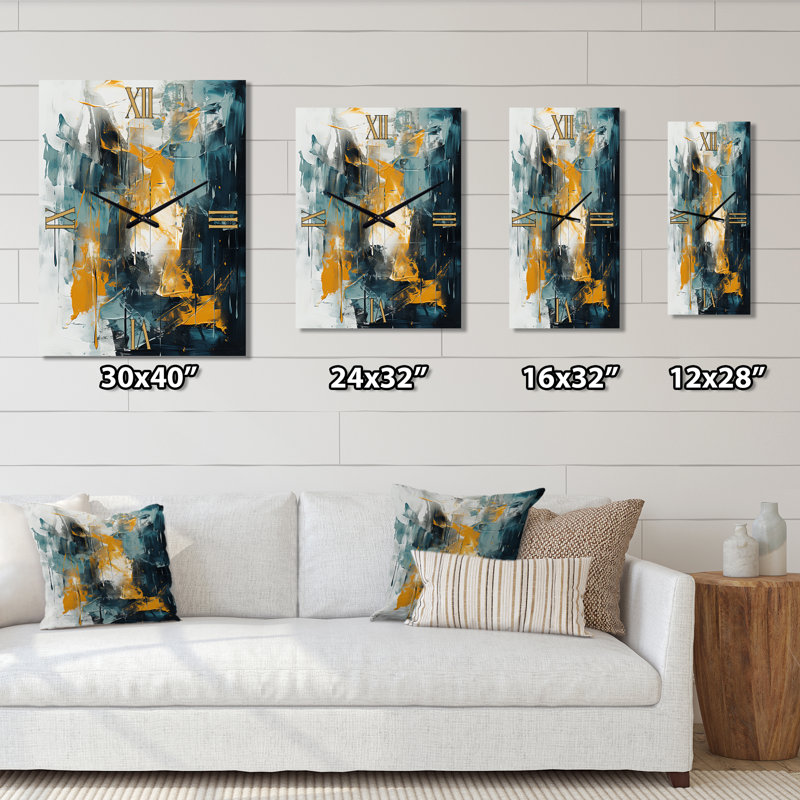 Horloge murale «Bliss Of Happiness» en jaune et bleu III - Collages abstraits surdimensionnés, H 32 po x l 16 po x P 1 po
