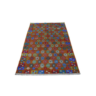 Tapis de la zone en laine rouge/bleu 4 pi 1 po x 5 pi 9 po one-of-kind à la main noué la