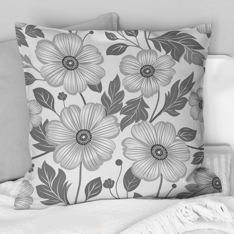 Coussin décoratif gris et blanc à motif floral Blooms I, H 18 po x l 18 po