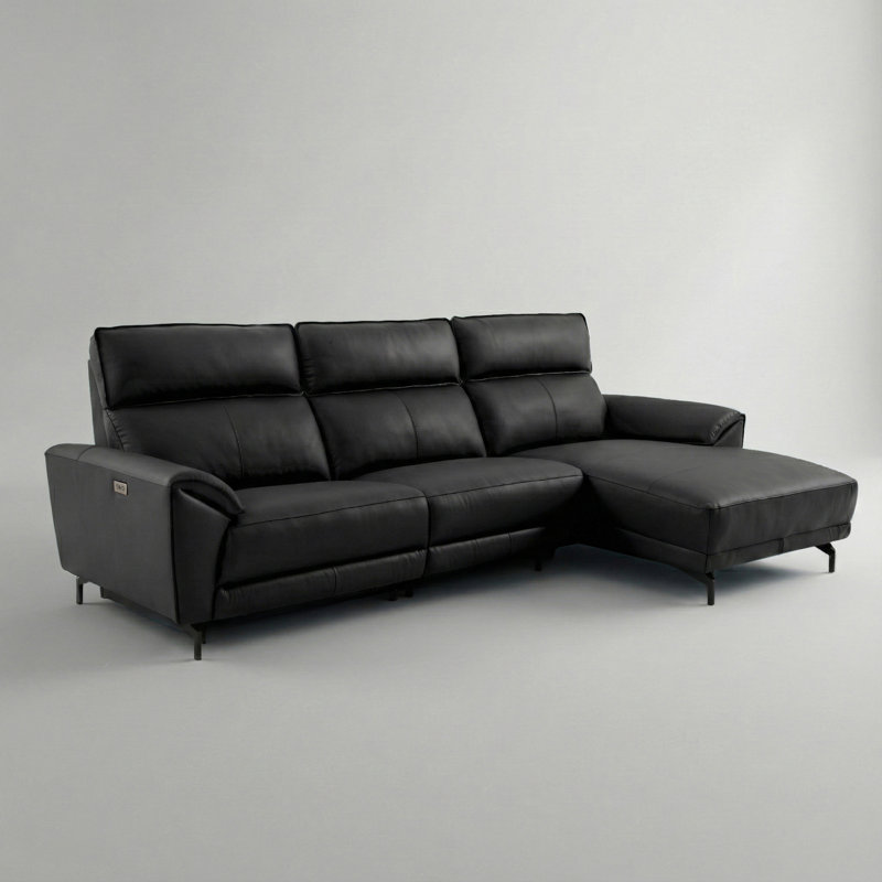 Canapé modulaire surdimensionné avec méridienne Houston, Orienté à droite, Cuir de grain supérieur noir