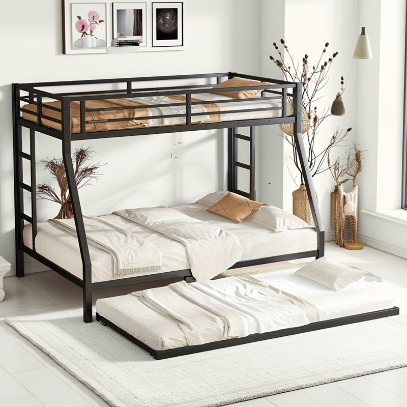 Lit superposé simple au-dessus d'un lit double en métal noir avec lit gigogne simple - Structure robuste robuste, conception silencieuse et rangement sous le lit