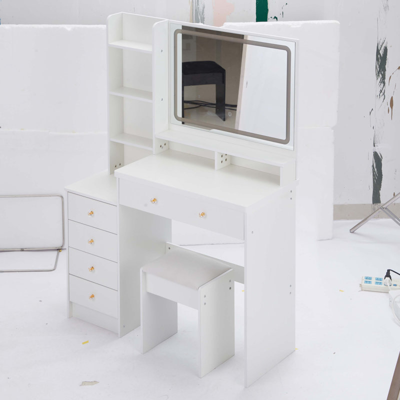 Meuble-lavabo de 41 po de large côté avec tabouret rembourré et très grand miroir à DEL, Blanc