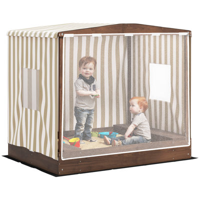 Qaba Kids Wooden Sandbox with Canopy Fully Covered, Outdoor Large Wood Sand Box with 2 Bench Seats, Bottom Liner, 56" x 40" x 52", Brown