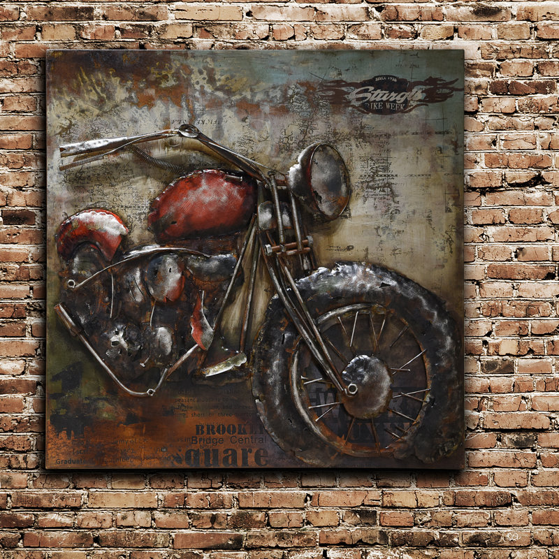 Primo Hand Painted Iron and Wood Motorcycle Wall Sculpture