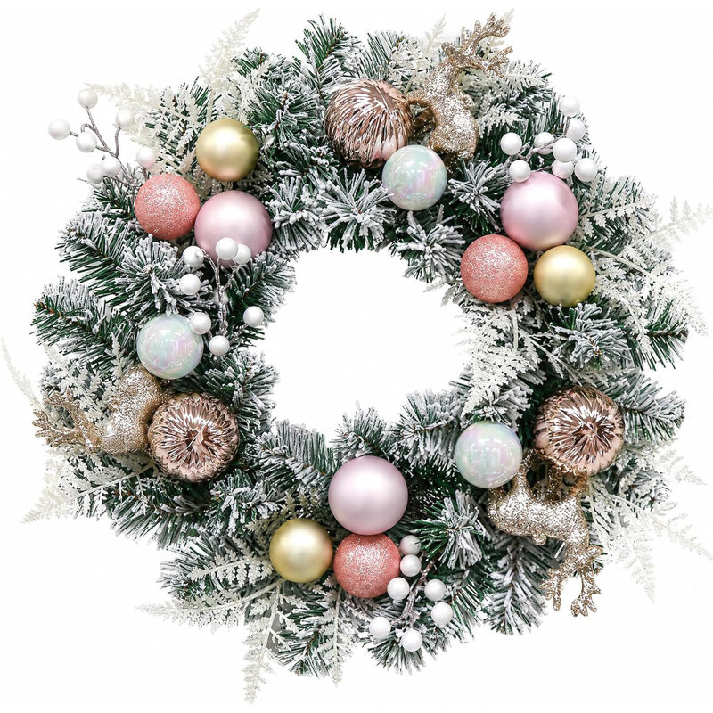 Couronnes de Noël 24 po en flocage rose pour porte d'entrée, 24 pouces