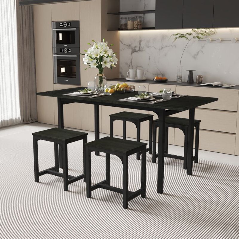 5-piece Dining Table Set For 4-8 People, 63" Large Extendable Kitchen Table Set With 4 Square Stools, Dining Room Table, Easy Assembly & Clean