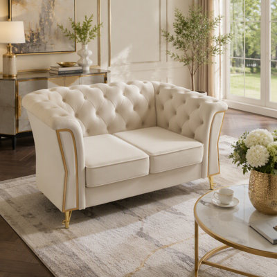 Canapé moderne en velours capitonné, 222 cm, beige, salon