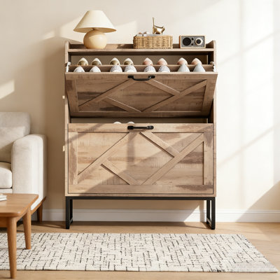 Slim Shoe Cabinet With 2 Flip-Down Drawers