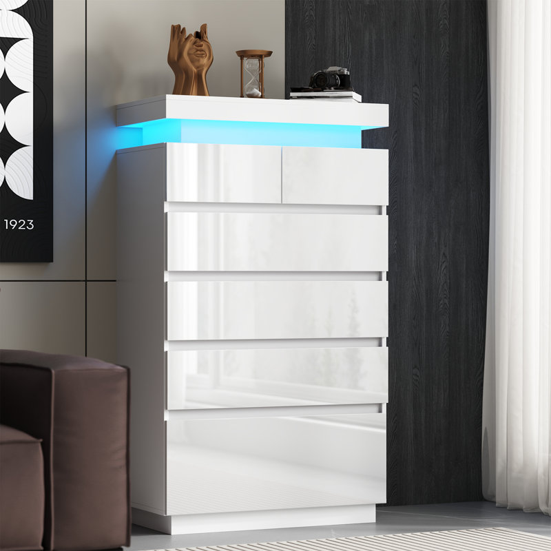 Commode haute à 6 tiroirs pour chambre à coucher Lumina, commode haute avec lumière DEL, commode avec tiroirs pour le salon Lumina