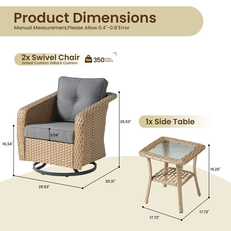 3 - Piece Patio Wicker Swivel Chair Set with Cushions and Side Table, Dark Gray