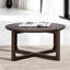 Table de salon style transitionnel 36 po avec base à tréteaux et plateau en bois avec finition noyer foncé brossé et salon principal