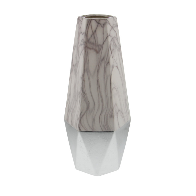 18" Gray and White Faux Marble Ceramic Decorative Vase with Silver Base