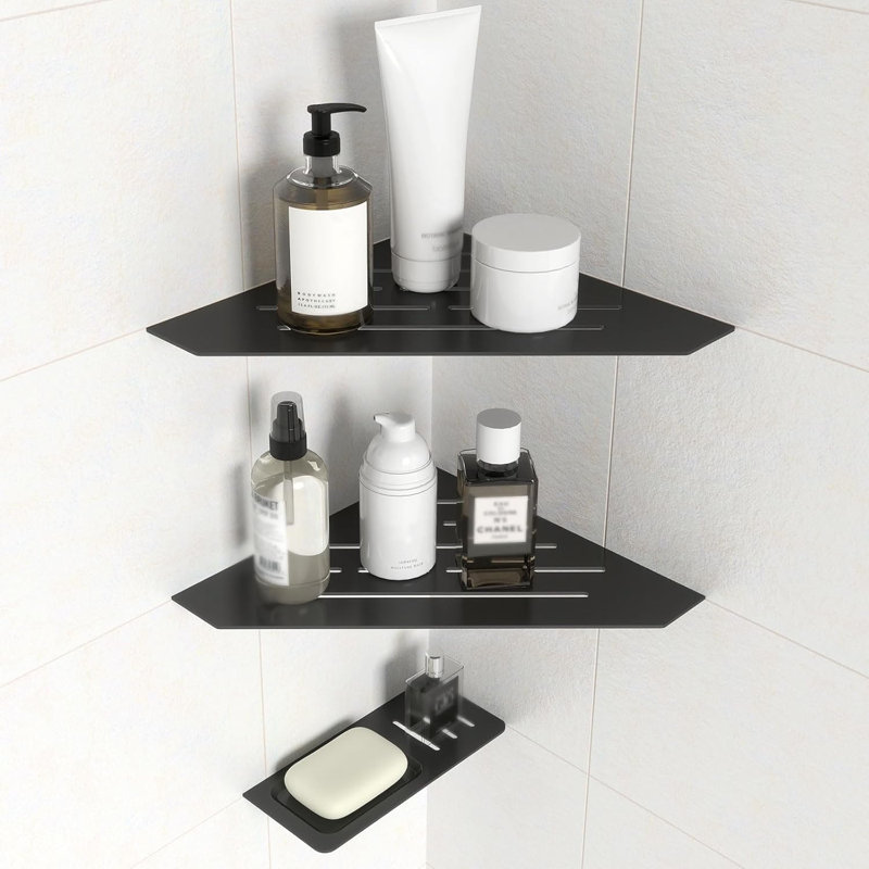 Ensemble de 2 tablettes de douche encastrées en coin, installation à coulis pour murs carrelés avec porte-savon intégré, organisateur de salle de bain peu encombrant