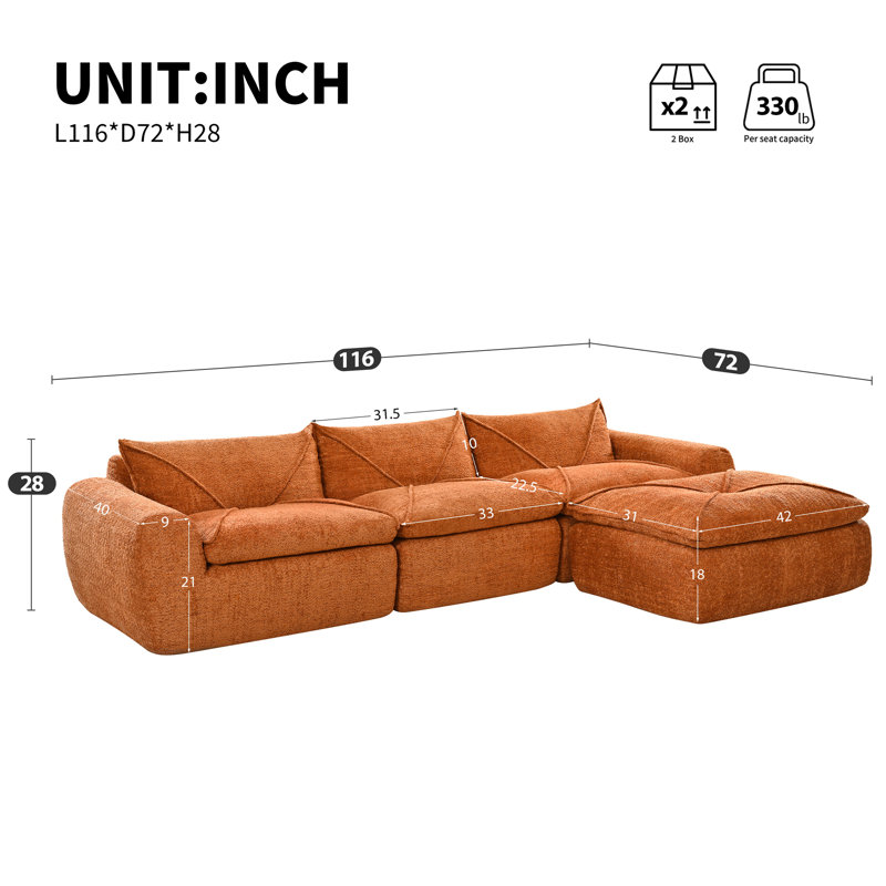 116'' Fully Compressed Sofa with Foam, Orange