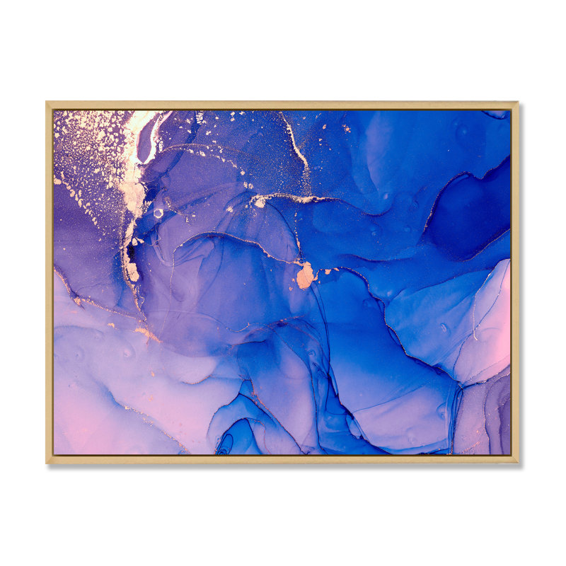 «Blue and Pink Marble Ink Clouds IV», peinture sur toile, H 30 po x l 40 po x P 1,5 po, Cadre flottant en érable