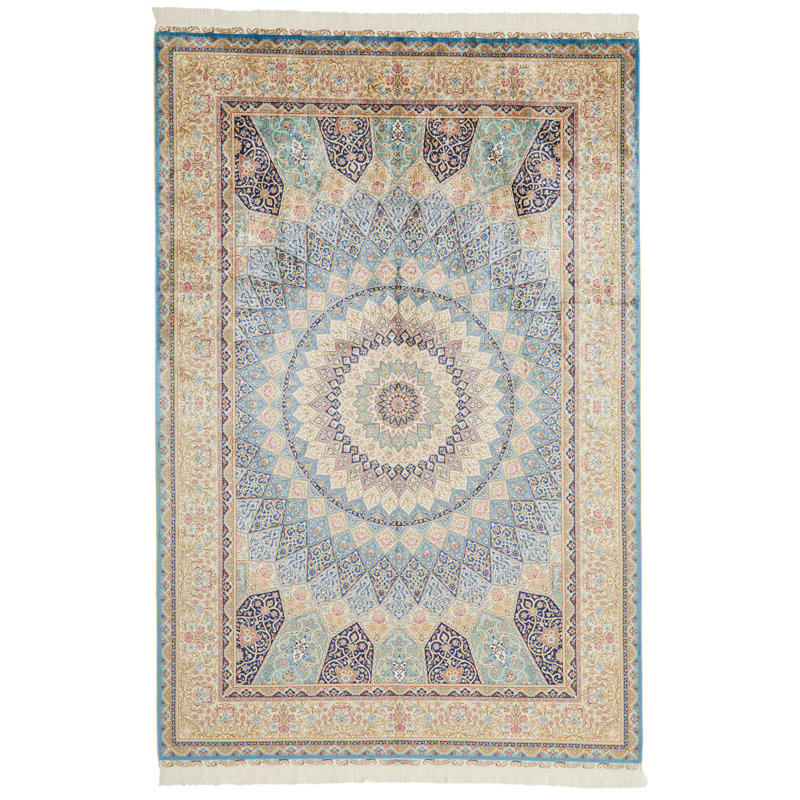 Tapis turc 6x9 bleu clair et ivoire
