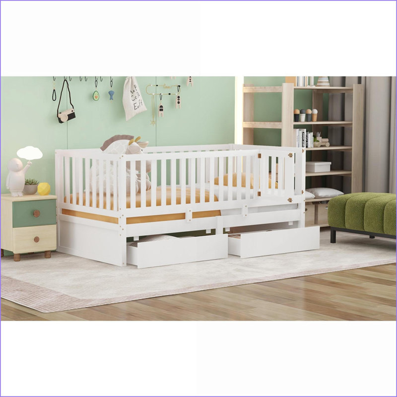 Lit de jour simple en mélange de bois massif avec garde-corps et amp; 2 tiroirs - Divisé en lit au sol, blanc pour les chambres partagées