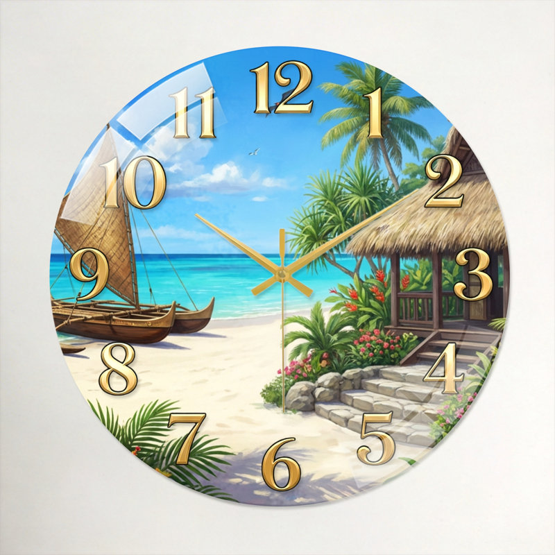 "Tropical Beach", horloge murale en verre, 60 x 60 cm (23,6 x 23,6 pouces)