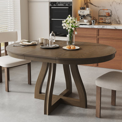 Round Extendable Dining Table with Middle Leaf and Curved Table Legs