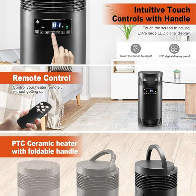 Space Heater,1500W Compact Ceramic Heater With Foldable Handle, 360-Degree Heating For Efficient And Portable Warmth