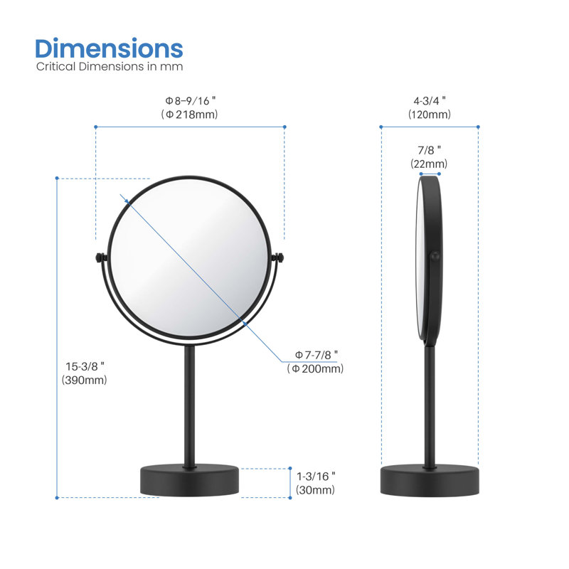 Circular Free Standing Magnifying Make Up Mirror, Matte Black