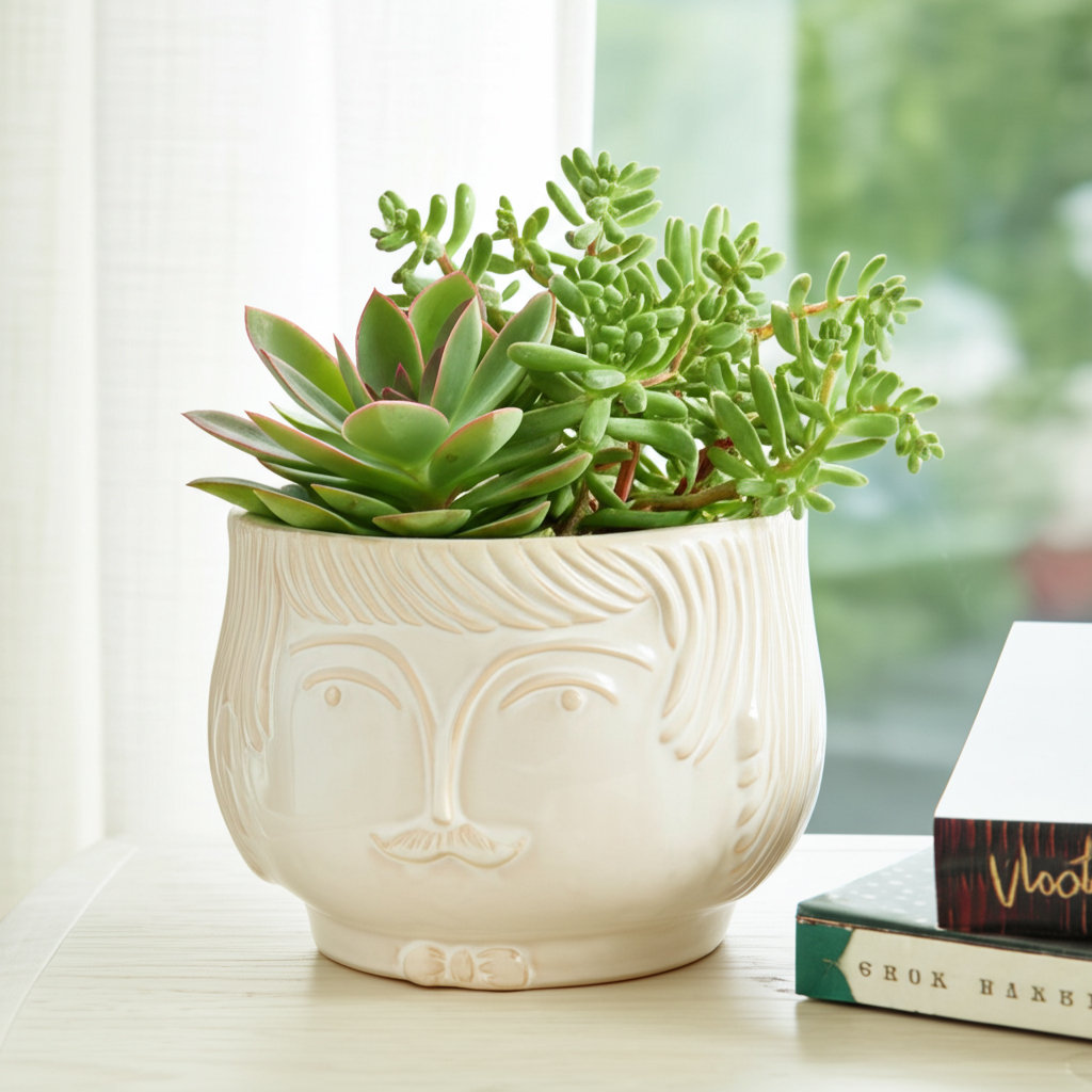 Stoneware Ceramic Planter with Sculpted Face - Decorative Indoor Plant Pot. Dakota Fields 
