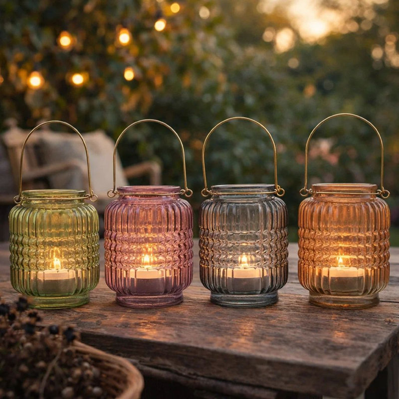 Aly Colorful Candle Holder Set Of 4, Cut Glass Jars With Iron Handles