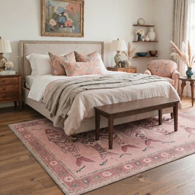 Tapis rose / ivoire lavable à motif oriental poisson avec envers antidérapant