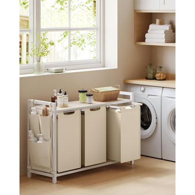 Panier à linge avec tablette, 3 sacs coulissants de 40 L (beige)