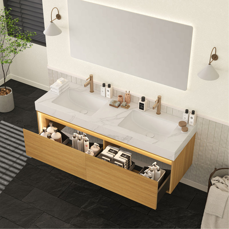 Meuble-lavabo de salle de bain, meuble de rangement flottant en contreplaqué à grille mince, tiroir avec capteur de lumière, plateau blanc Carrara et lavabo encastré en céramique
