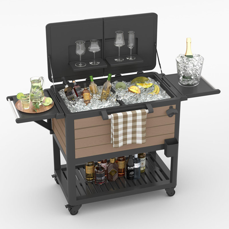 Decksplore 104 Qt Rolling Patio Cooler Cart With Wheels, Outdoor Beverage Bar Ice Chest With Drain, Bottle Opener & Side Shelves