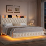 Upholstered Floating Bed With LED Lights, Charging Port